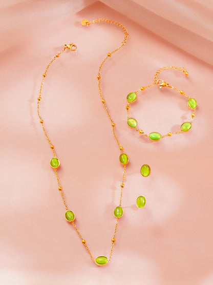 18K Gold Plated Green Stone Necklace, Bracelet and Stud Earrings Set