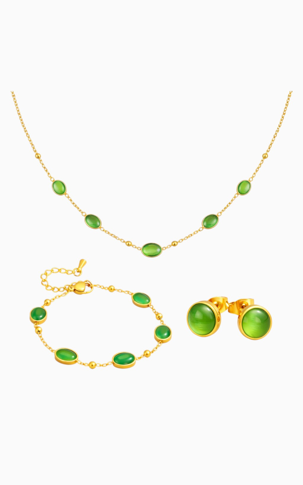 18K Gold Plated Green Stone Necklace, Bracelet and Stud Earrings Set