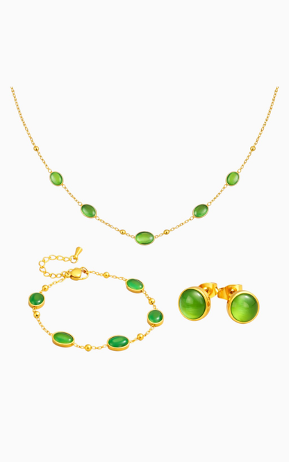 18K Gold Plated Green Stone Necklace, Bracelet and Stud Earrings Set