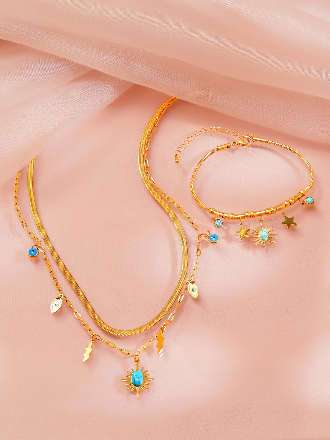 18K Gold Plated Evil Eye Multi-Layered Necklace and Charm Bracelet Set