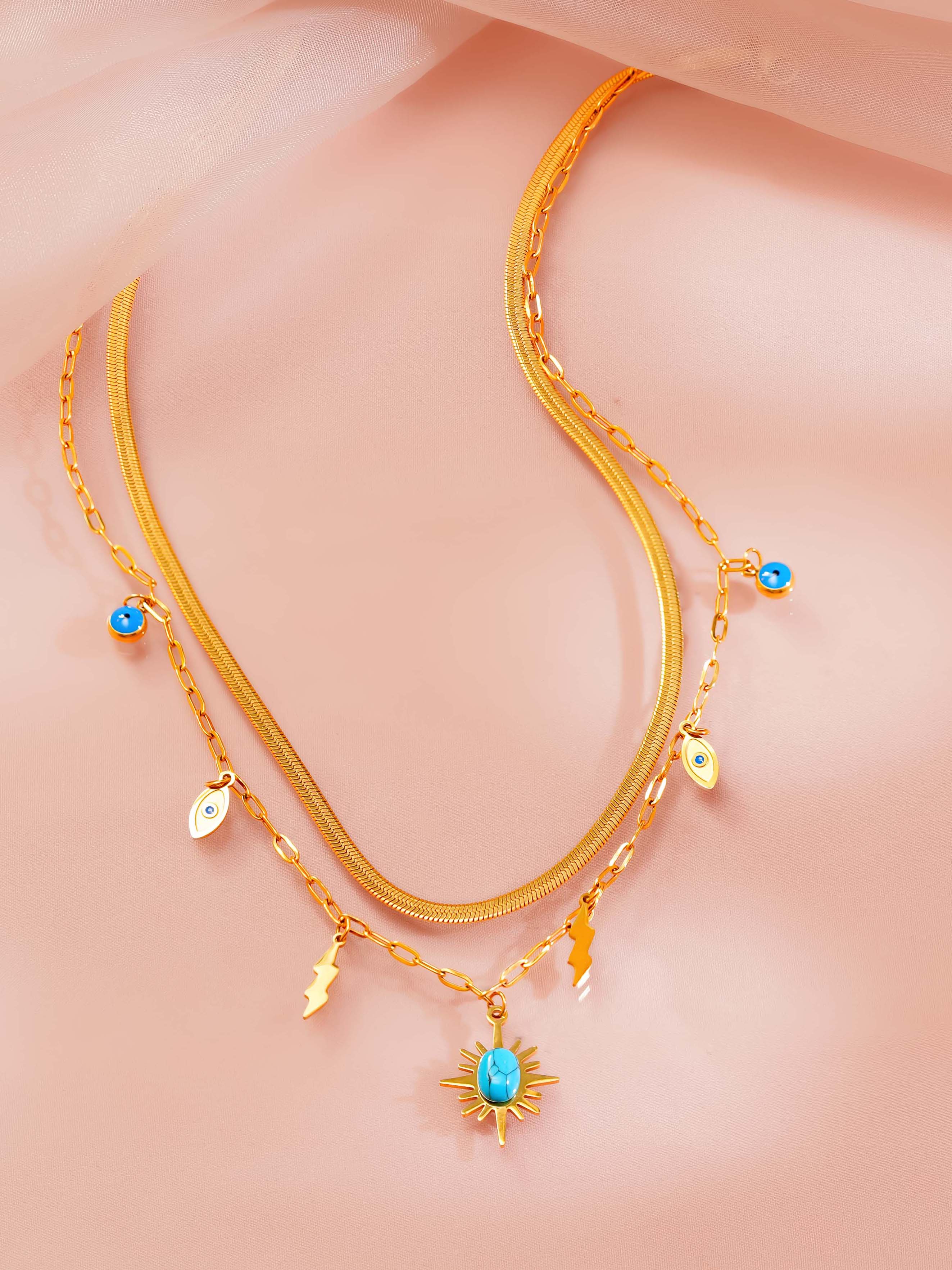 18K Gold Plated Evil Eye Multi-Layered Necklace and Charm Bracelet Set