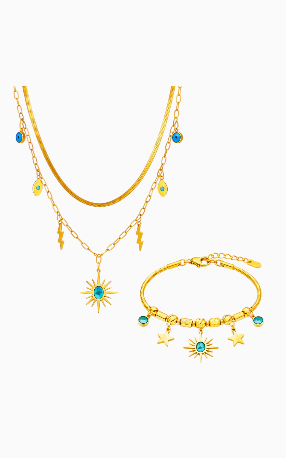18K Gold Plated Evil Eye Multi-Layered Necklace and Charm Bracelet Set