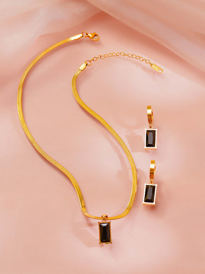 18K Gold Plated Black Stone Pendant Necklace and Drop Earrings Set