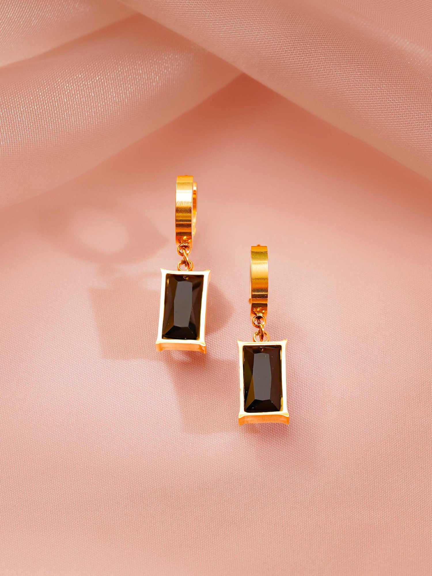 18K Gold Plated Black Stone Pendant Necklace and Drop Earrings Set