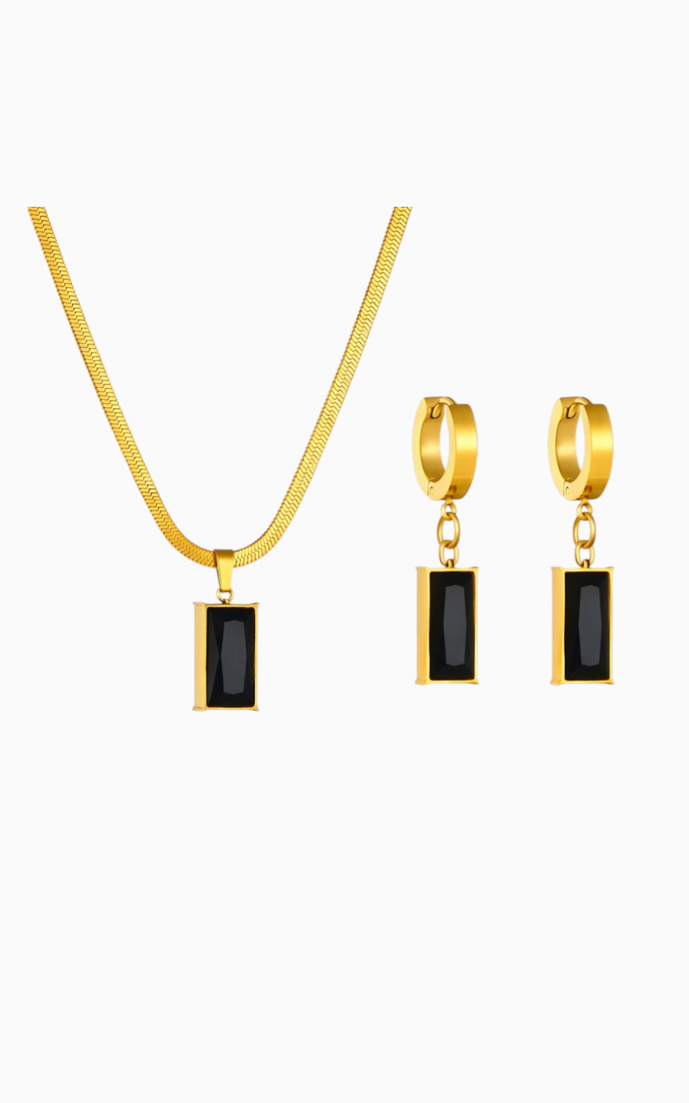 18K Gold Plated Black Stone Pendant Necklace and Drop Earrings Set