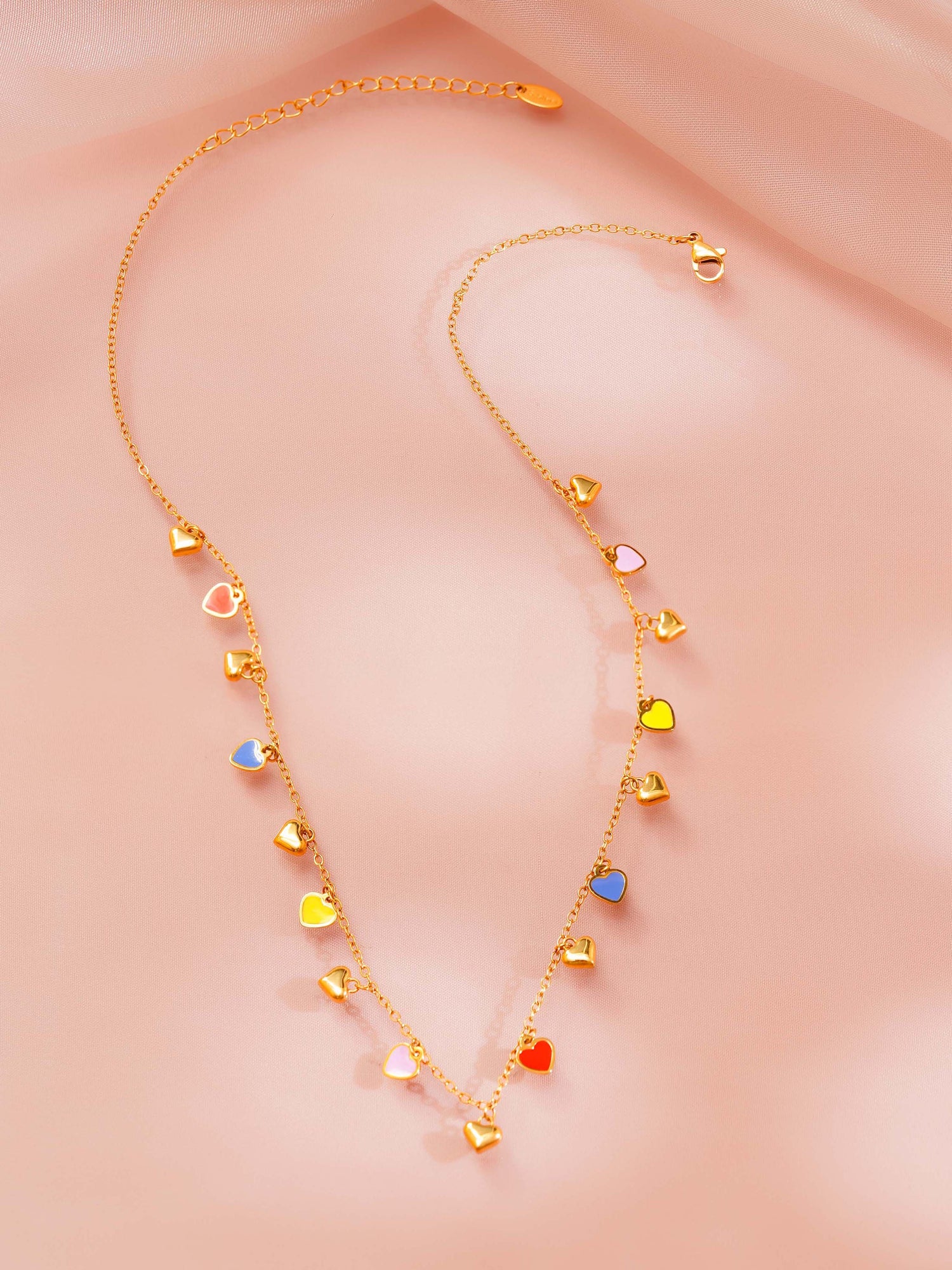 18K Gold Plated Multicolor Heart Charm Necklace and Bracelet Set