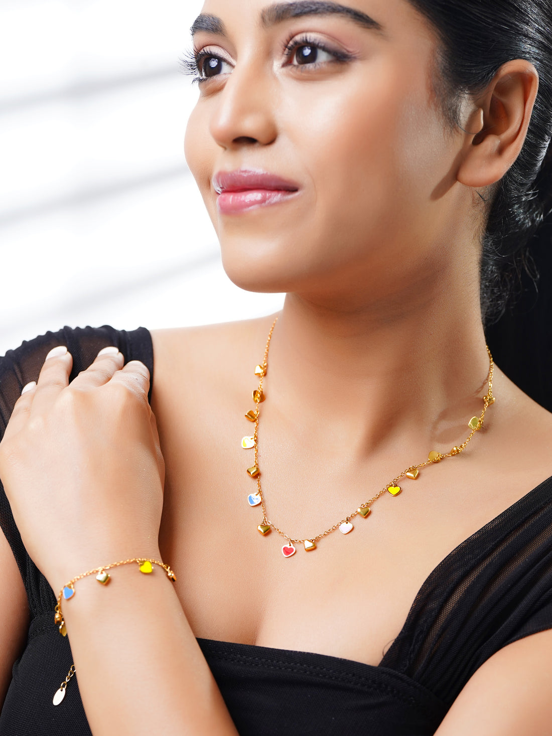 18K Gold Plated Multicolor Heart Charm Necklace and Bracelet Set