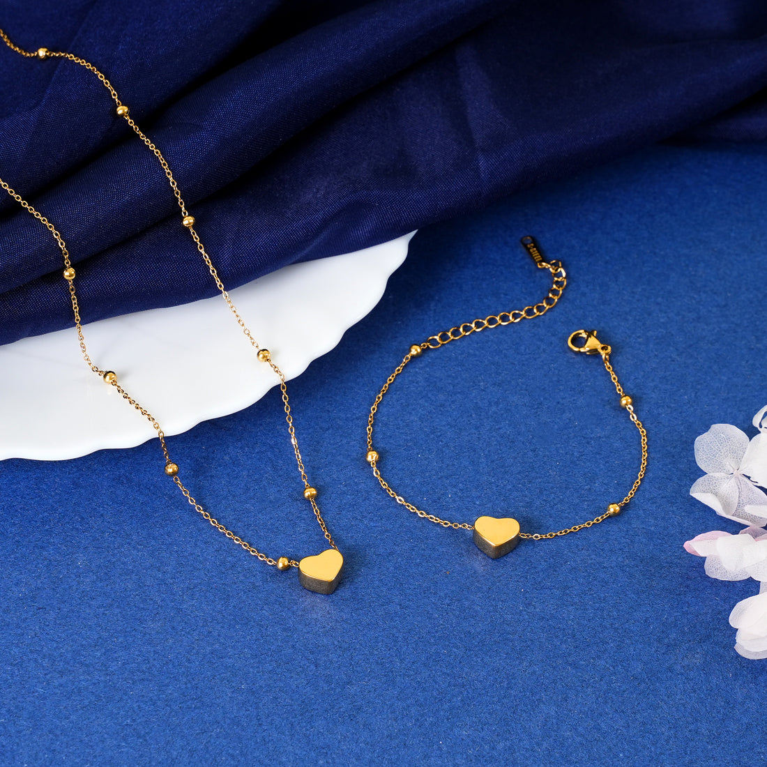 18K Gold Plated Beaded Chain Heart Jewellery Set