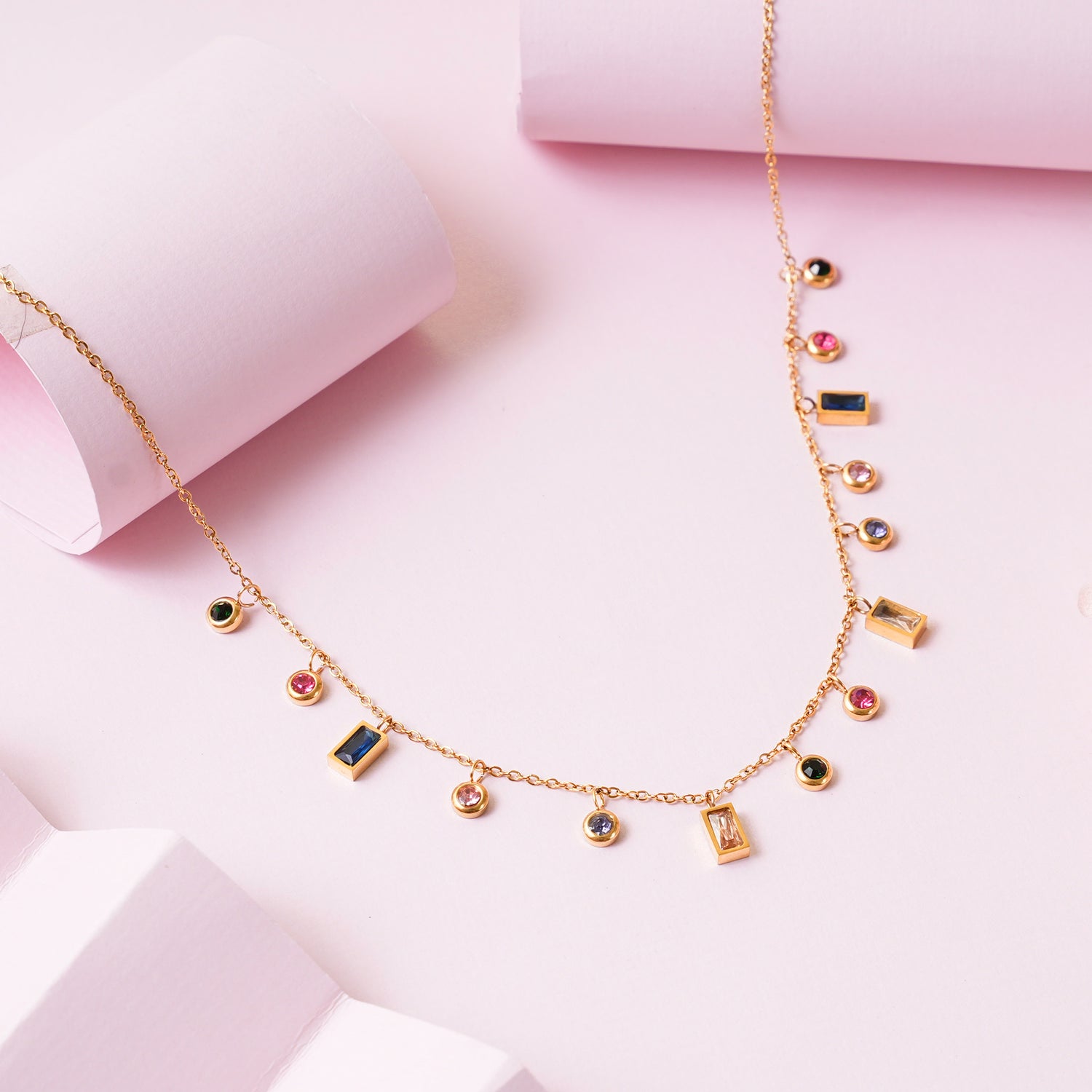 18K Gold Plated Golden Glow Multi-Color Charms Necklace