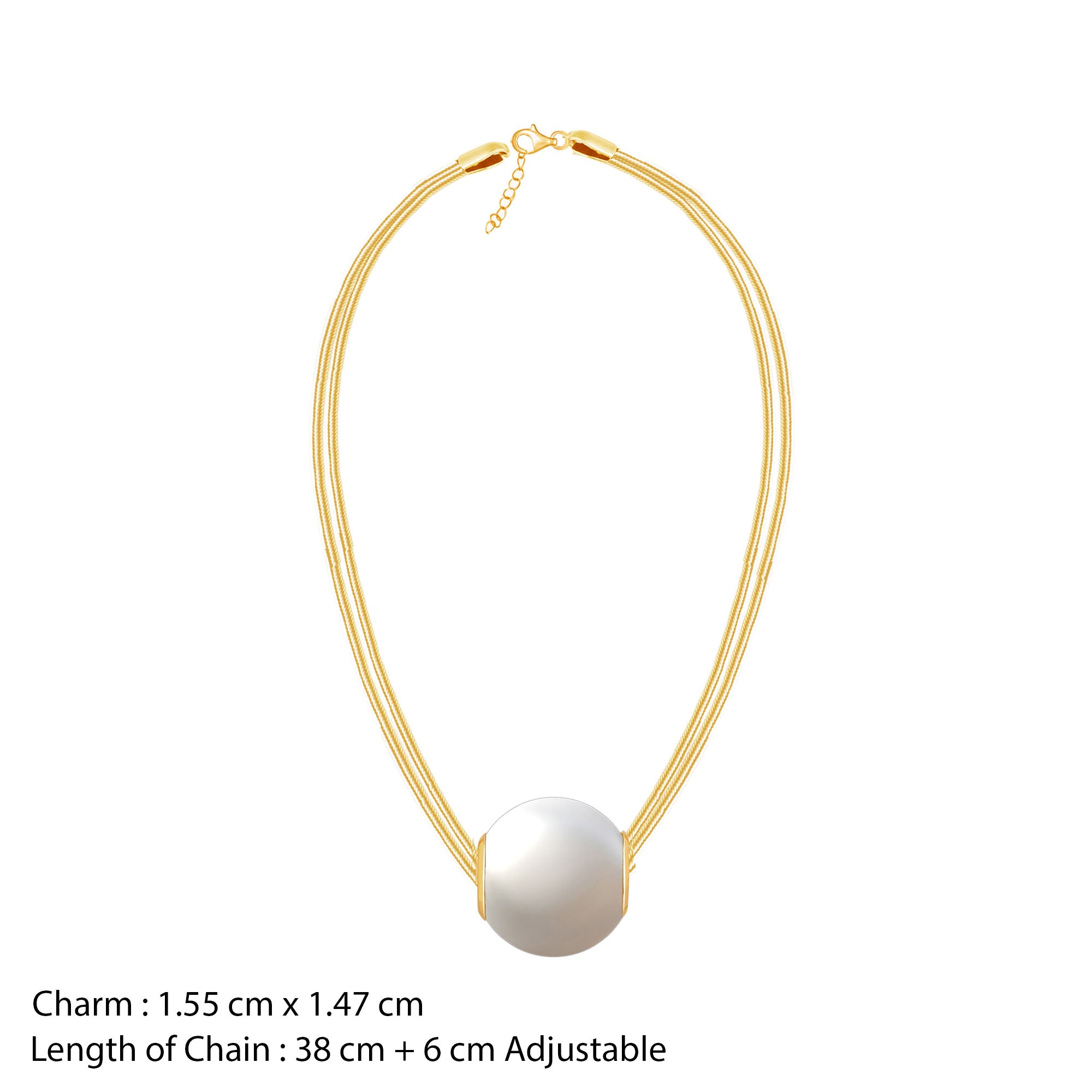 Gold necklace with a white pearl pendant on a white background