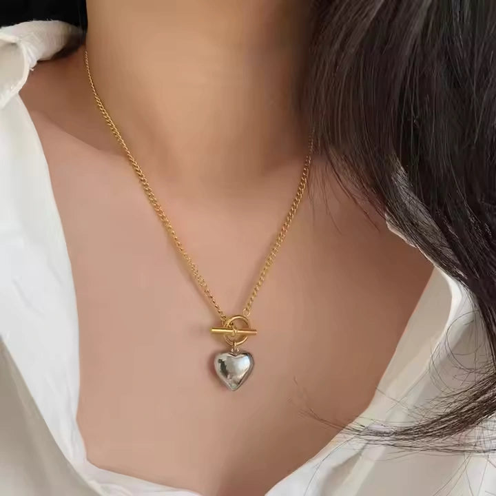 18K Two-Tone Plated  Heavy Love Heart Pendant Necklace