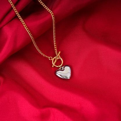 18K Two-Tone Plated  Heavy Love Heart Pendant Necklace