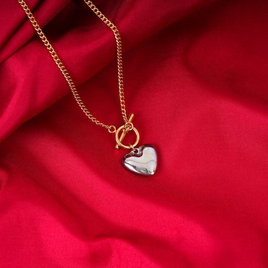 18K Two-Tone Plated  Heavy Love Heart Pendant Necklace