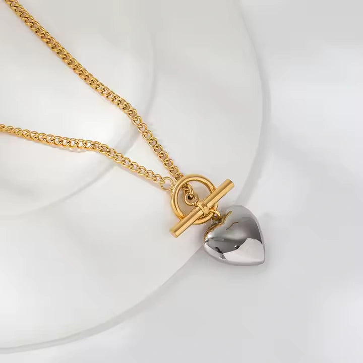 18K Two-Tone Plated  Heavy Love Heart Pendant Necklace