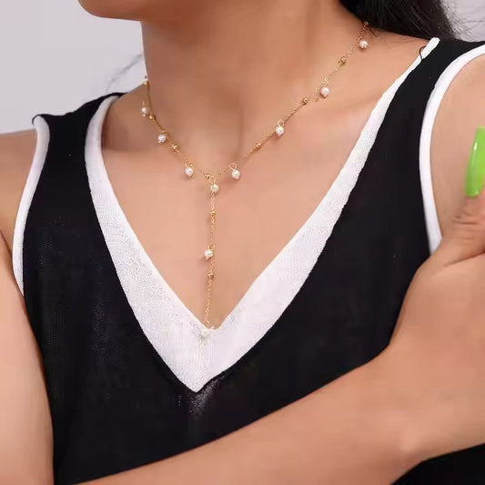 18K Gold Plated Pearl Satellite Dainty Chain Tassel Necklace