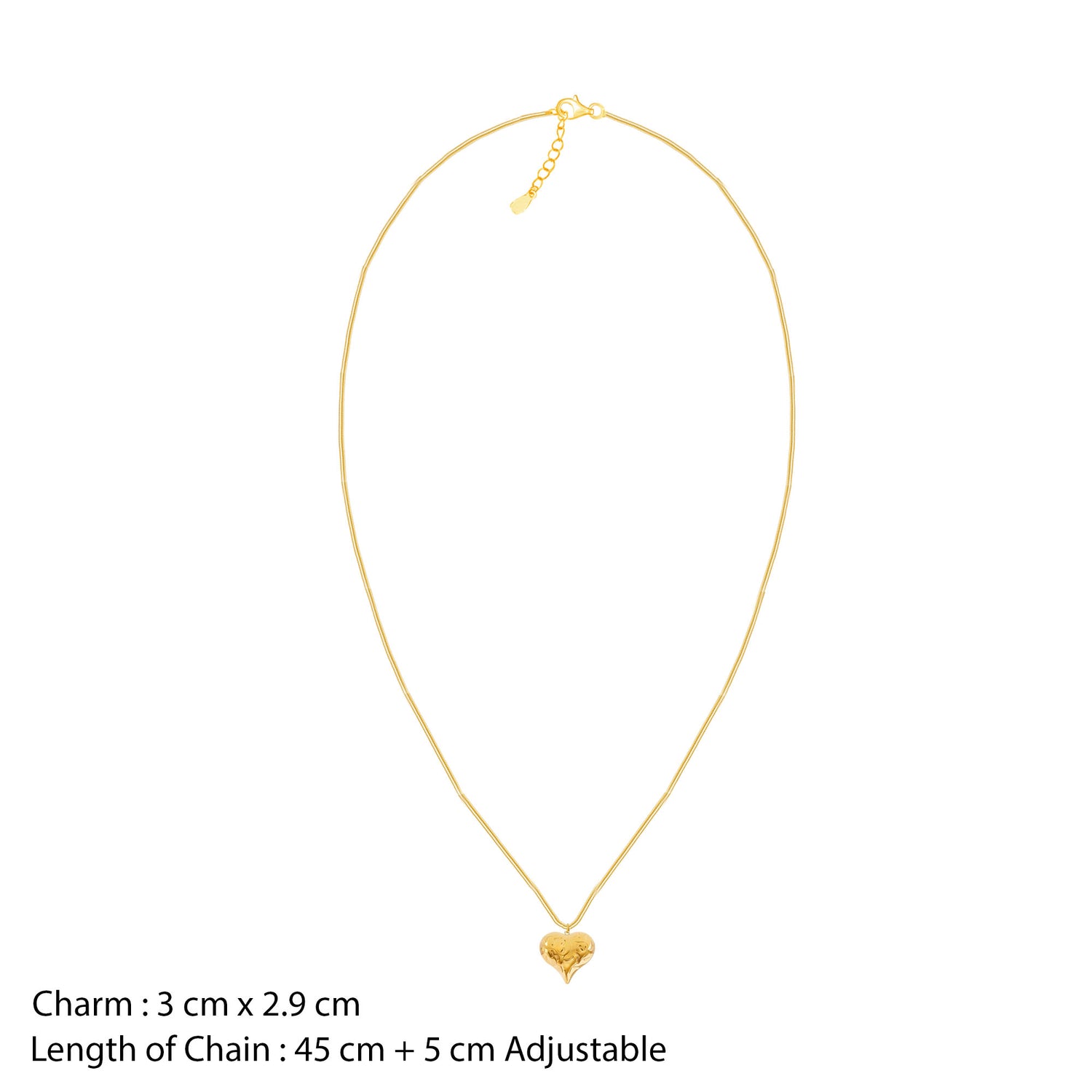 Gold necklace with a heart-shaped charm on a white background