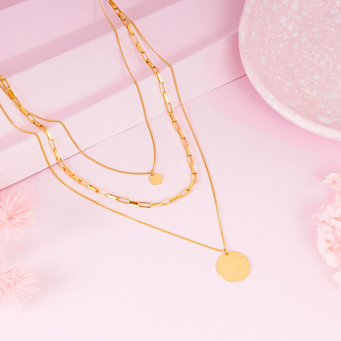 18K Gold Plated Triple Layer Stacked Coin Pendant Gold Statement Necklace
