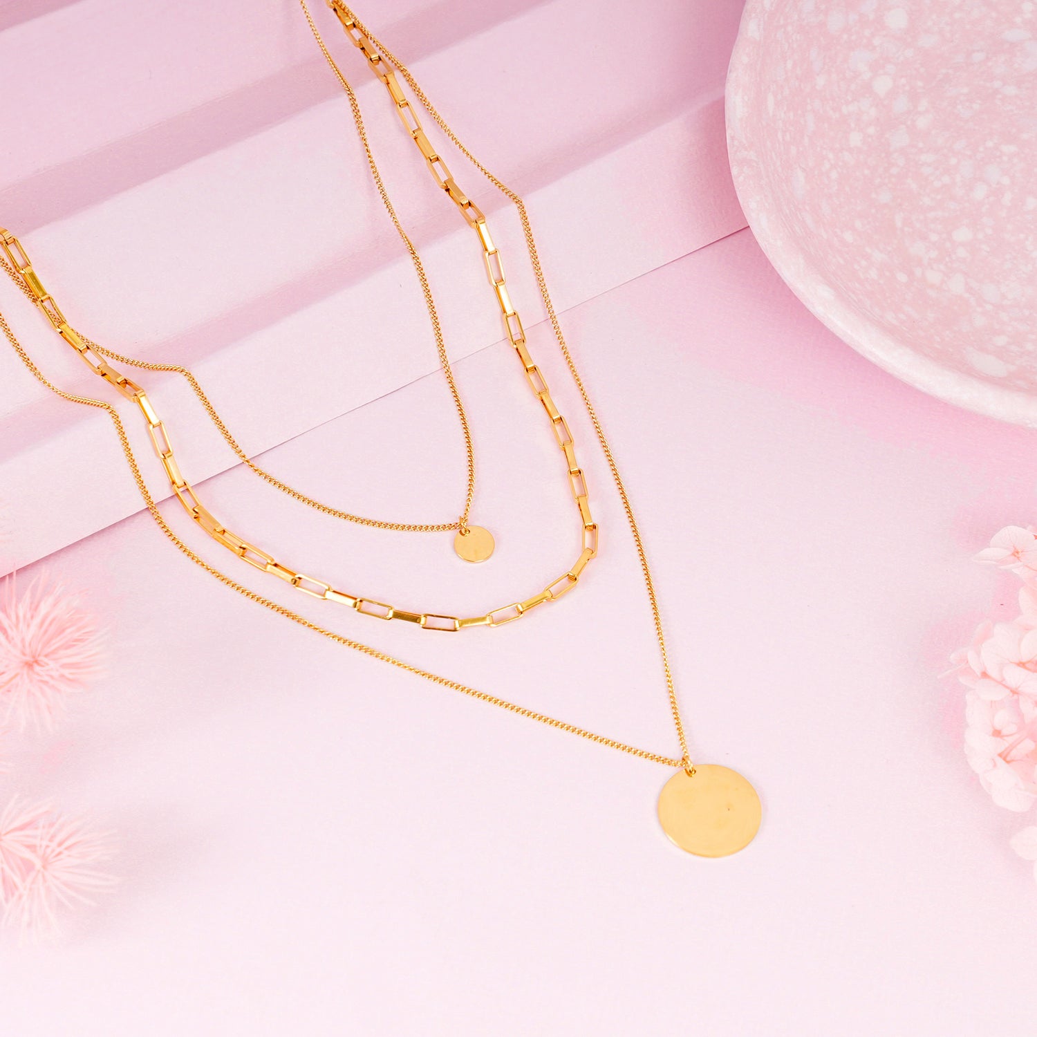 18K Gold Plated Triple Layer Stacked Coin Pendant Gold Statement Necklace