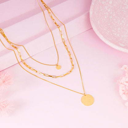 18K Gold Plated Triple Layer Stacked Coin Pendant Gold Statement Necklace