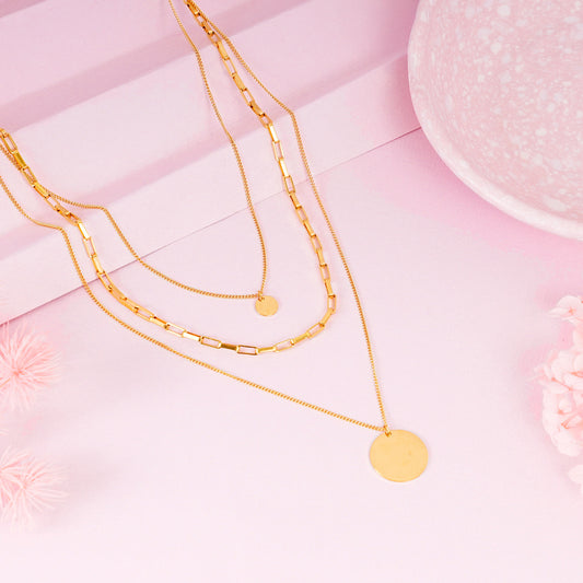 18K Gold Plated Triple Layer Stacked Coin Pendant Gold Statement Necklace
