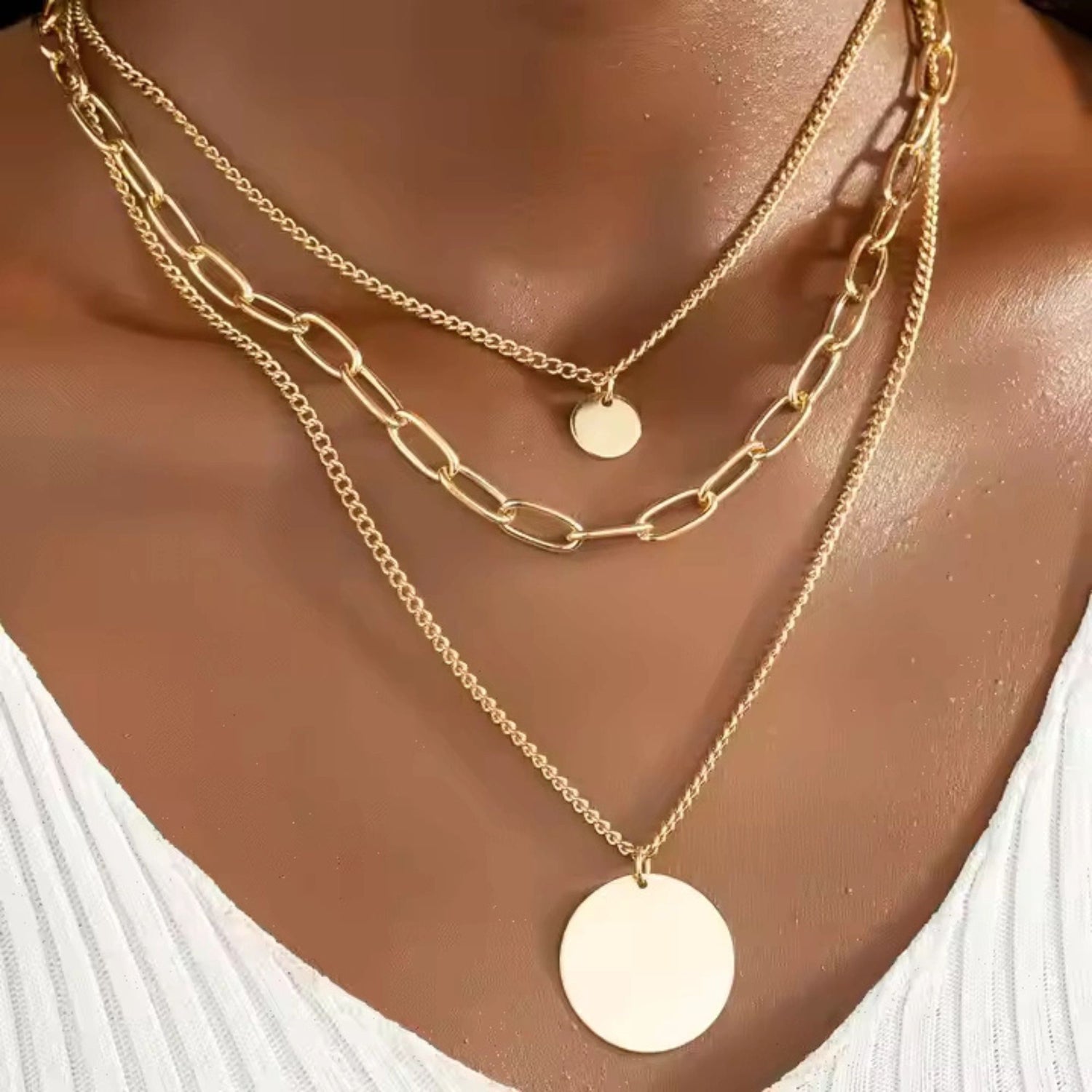 18K Gold Plated Triple Layer Stacked Coin Pendant Gold Statement Necklace