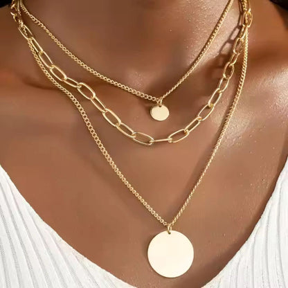 18K Gold Plated Triple Layer Stacked Coin Pendant Gold Statement Necklace