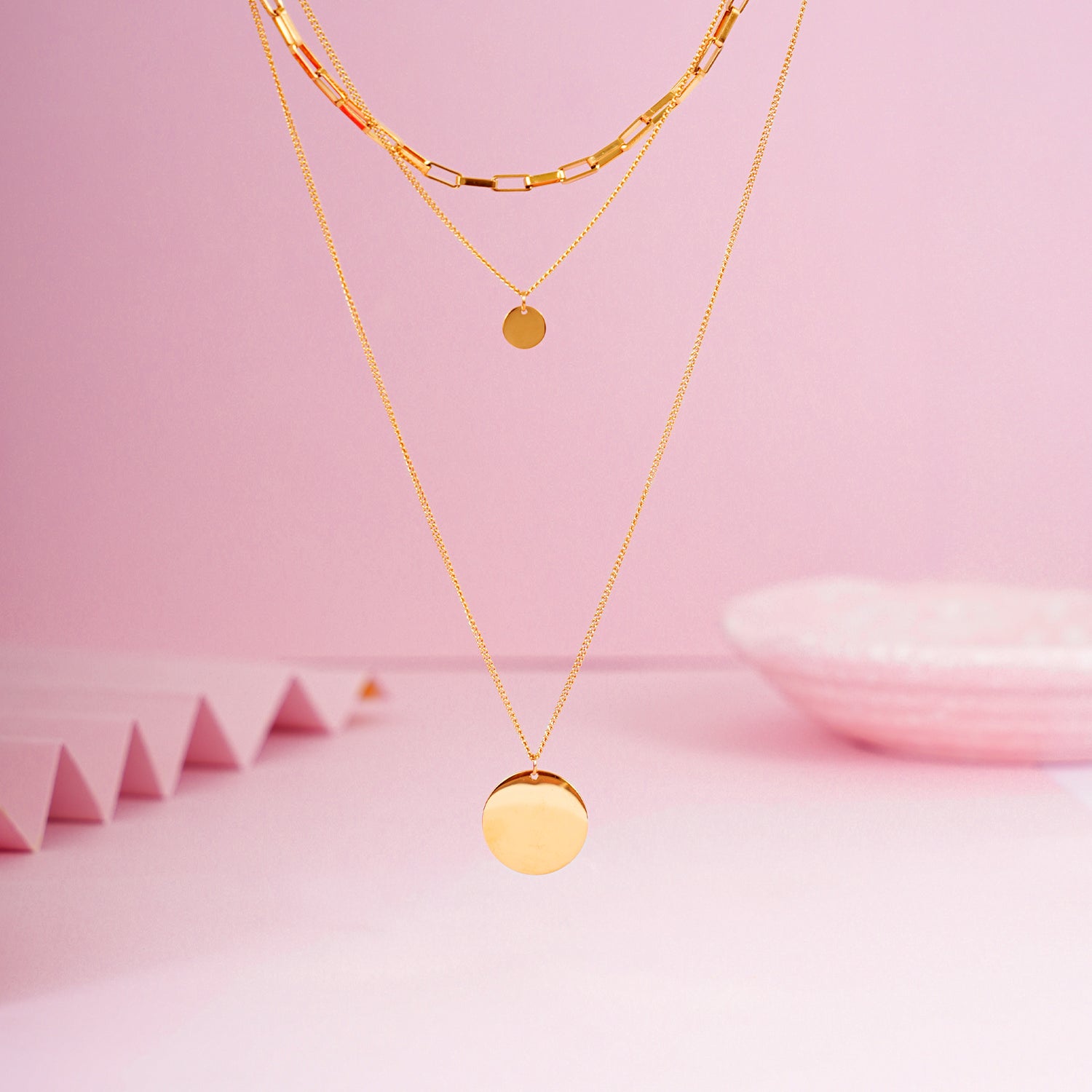 18K Gold Plated Triple Layer Stacked Coin Pendant Gold Statement Necklace