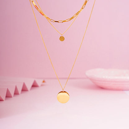 18K Gold Plated Triple Layer Stacked Coin Pendant Gold Statement Necklace