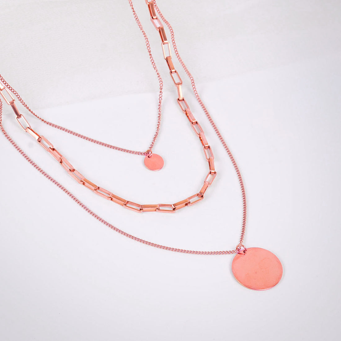 18K Rose Gold Plated Triple Layer Stacked Coin Pendant Rose Gold Statement Necklace