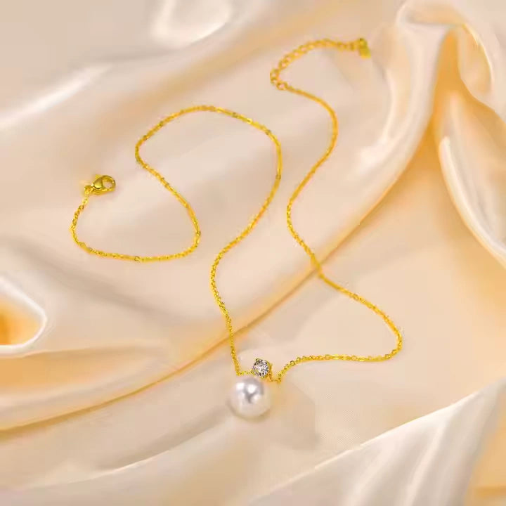 Lustrous Bond Pearl Pendant Dainty Necklace - Gold Color