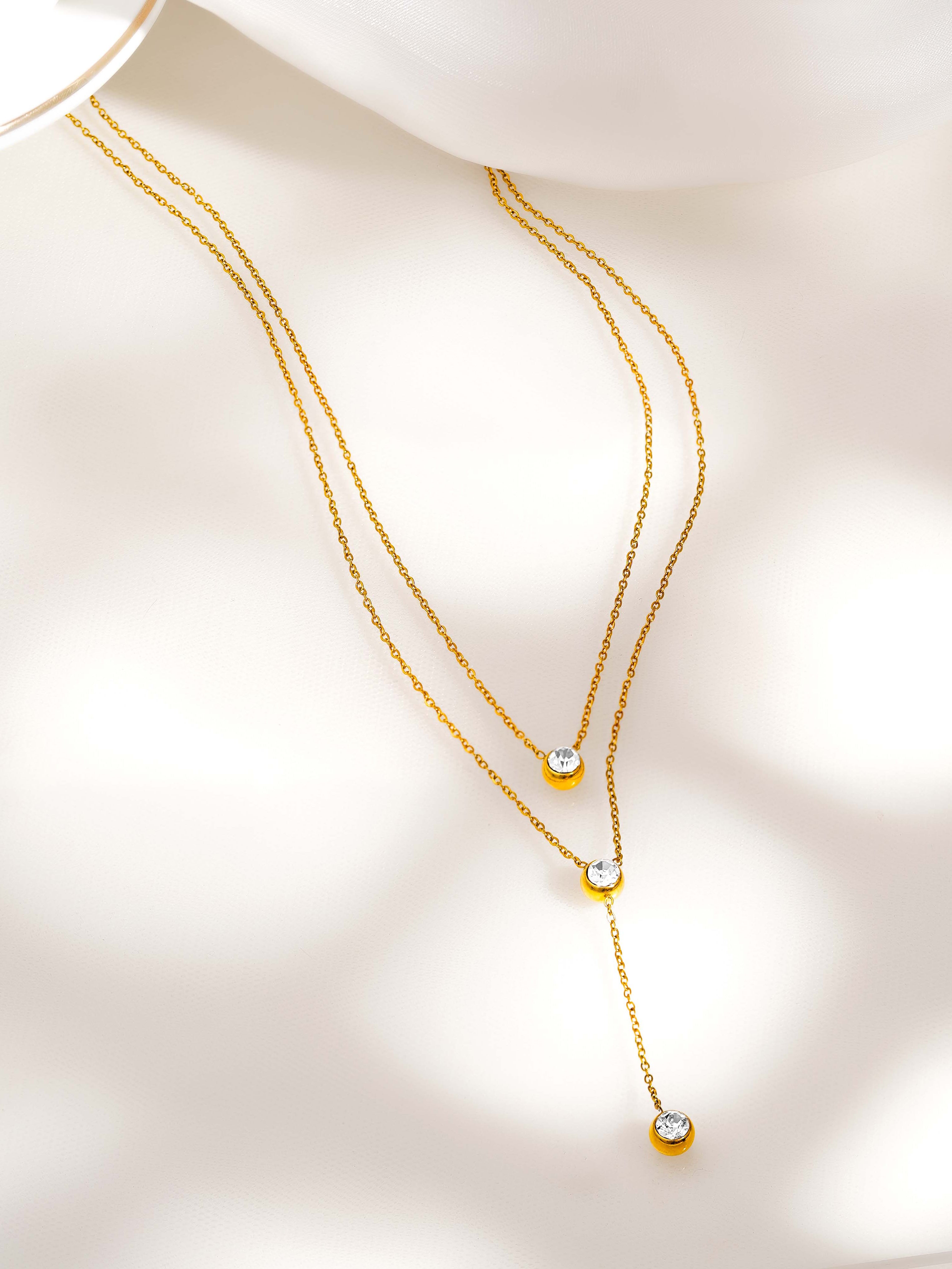 18K Gold Plated Two Layered Solitaire Drop Y Necklace