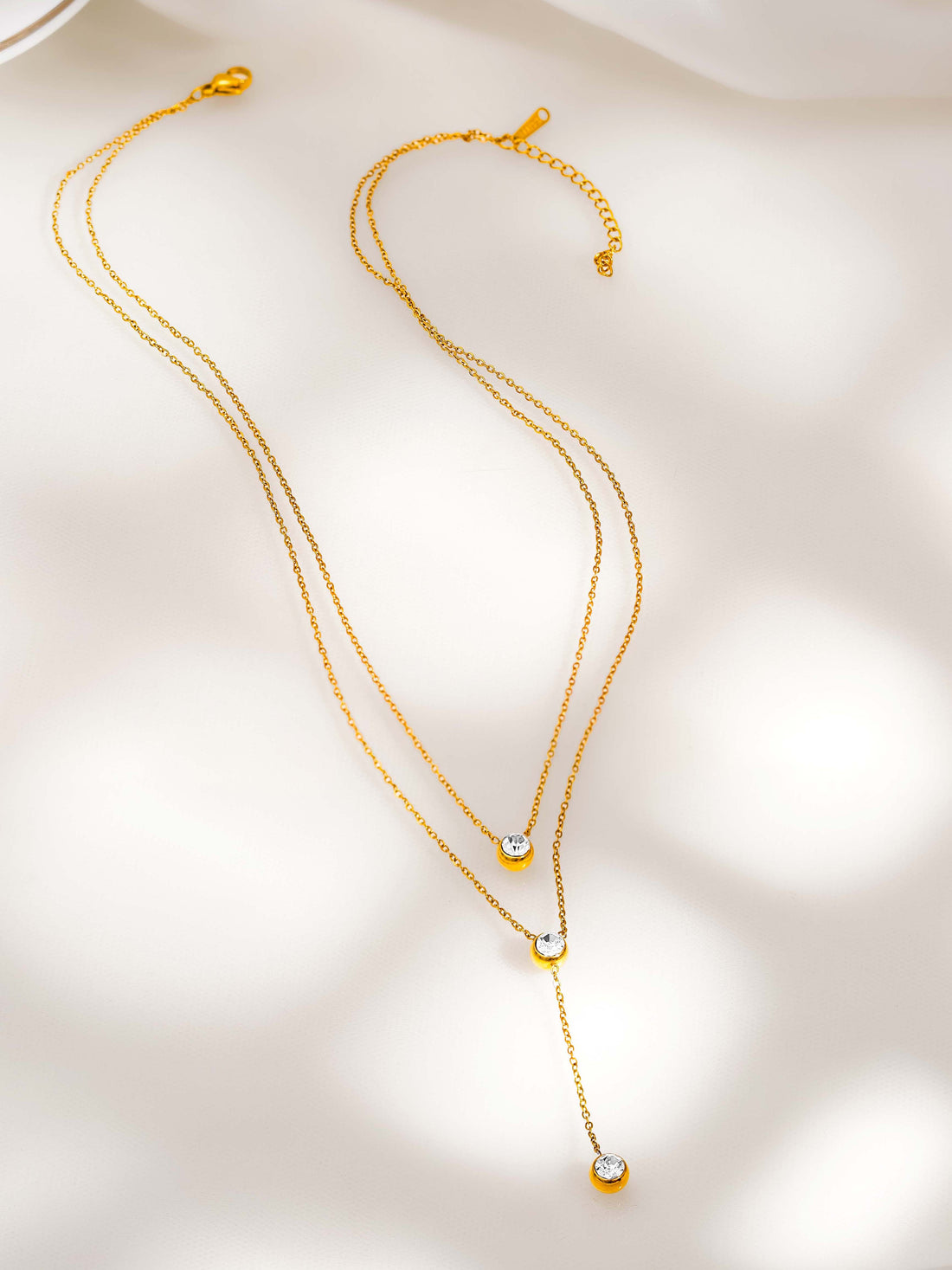 18K Gold Plated Two Layered Solitaire Drop Y Necklace