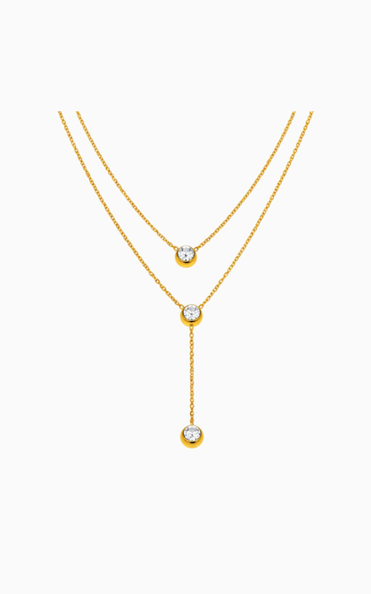 18K Gold Plated Two Layered Solitaire Drop Y Necklace