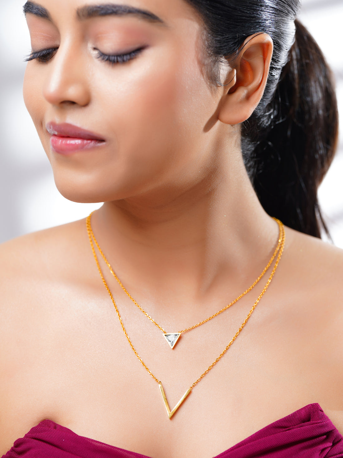 18K Gold Plated Multi Layered Victory CZ Studded Necklace