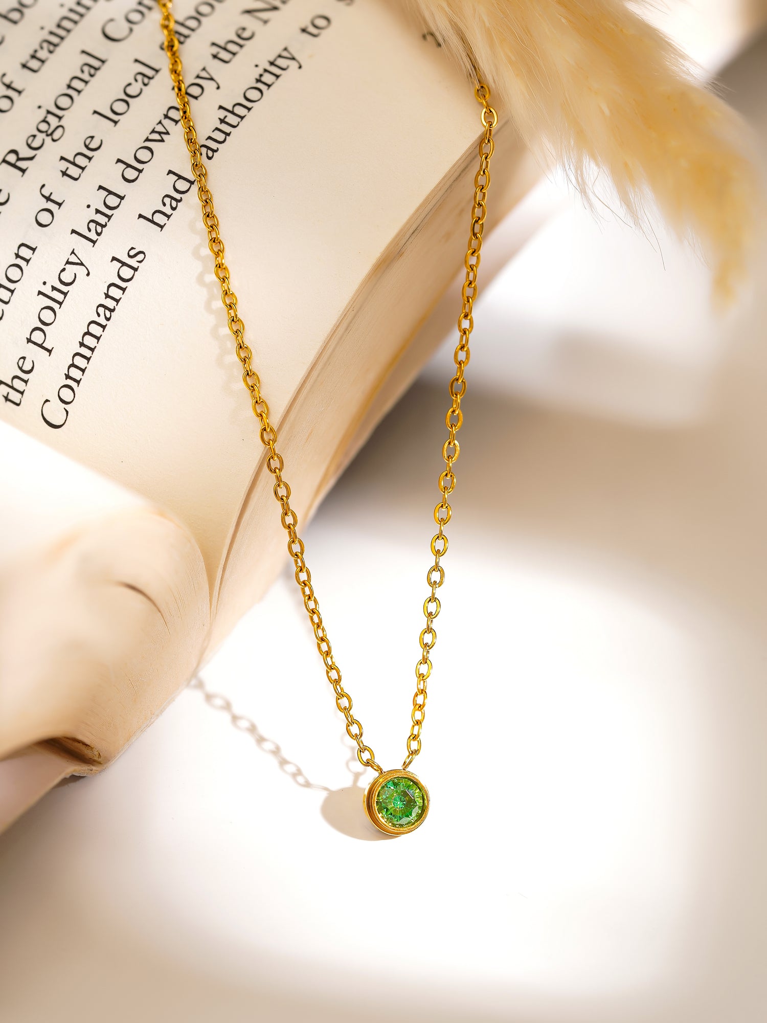 18K Gold Plated Dainty Round Green Zirconia Pendant Necklace