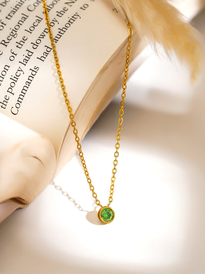18K Gold Plated Dainty Round Green Zirconia Pendant Necklace