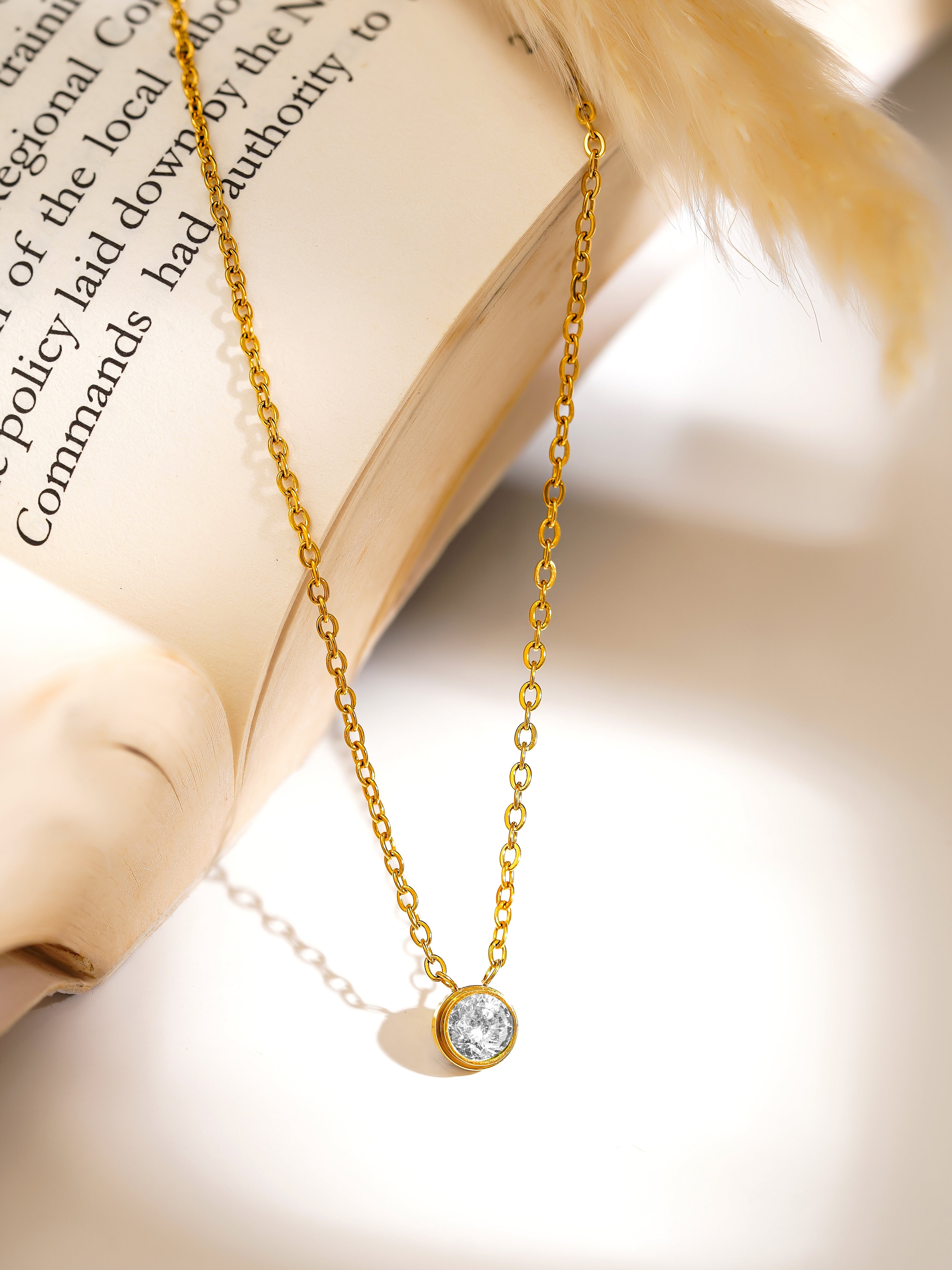 18K Gold Plated Dainty Round White Zirconia Pendant Necklace