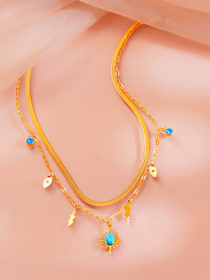 18K Gold Plated Evil Eye &amp; Lightning Layered Necklace