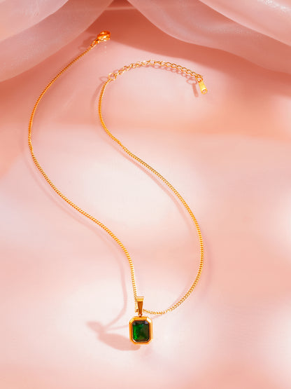 18K Gold Plated Emerald Green Rectangle Pendant Necklace