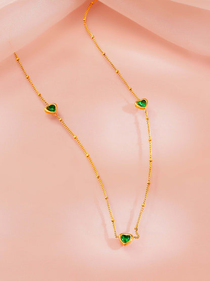 18K Gold Plated Green Heart Station Necklace