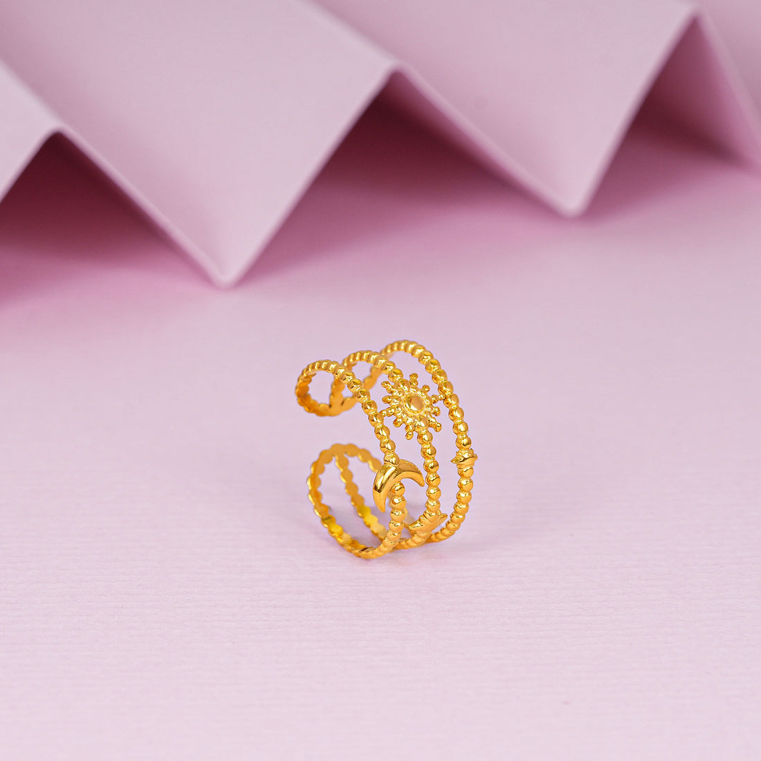 18K Gold Plated Triple Layered Moon &amp; Star Adjustable Ring