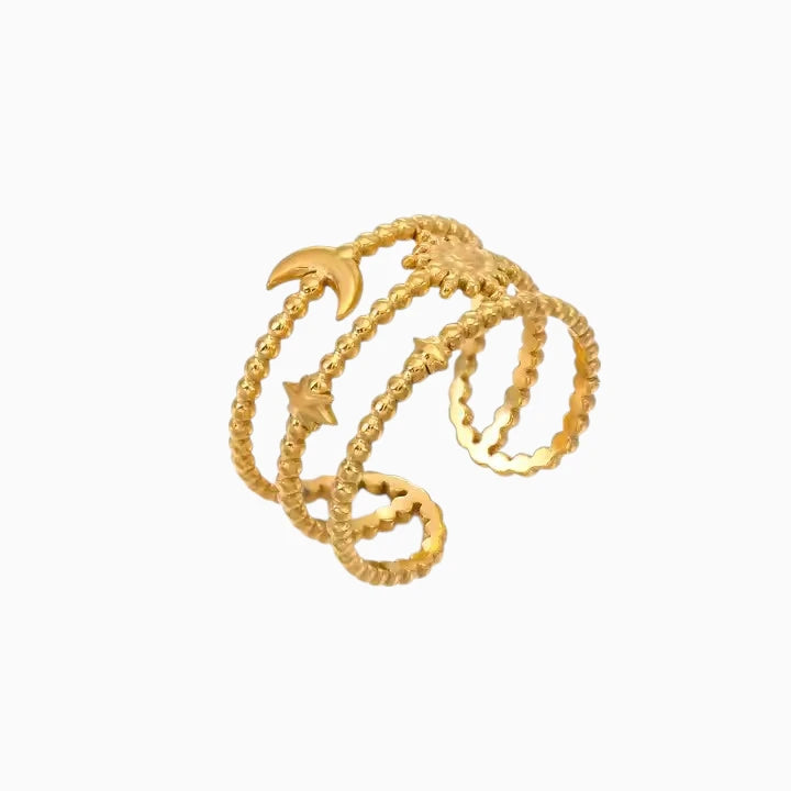 18K Gold Plated Triple Layered Moon &amp; Star Adjustable Ring