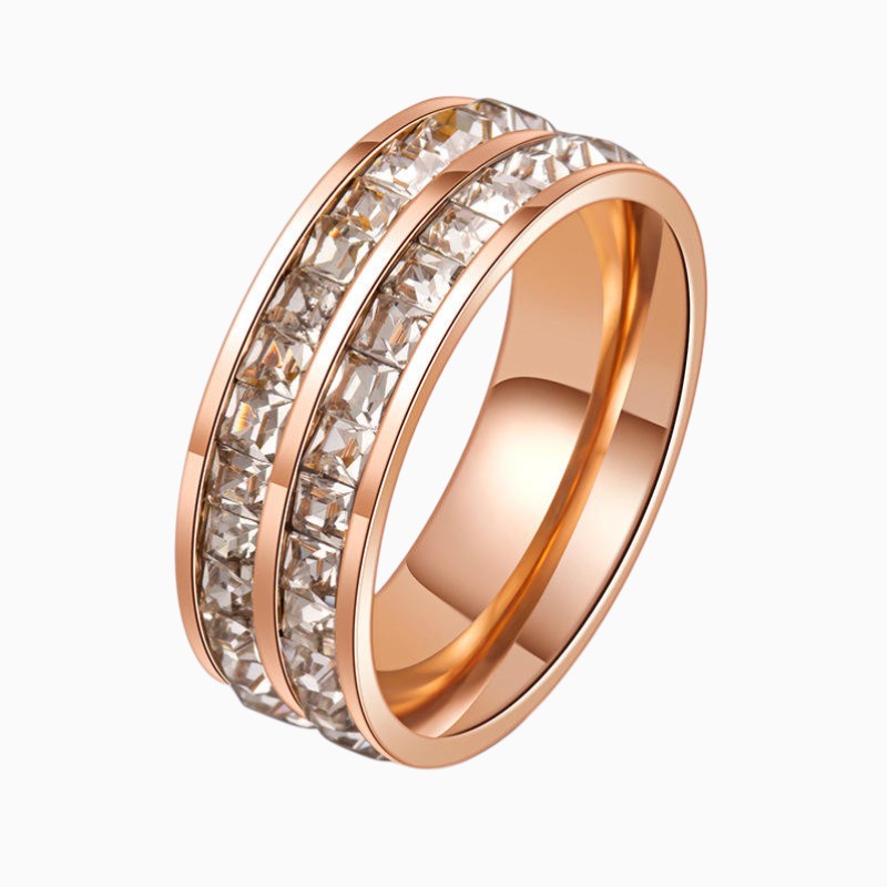 18K Gold Plated Twin Luxe CZ Studded Band Ring - Rose Gold