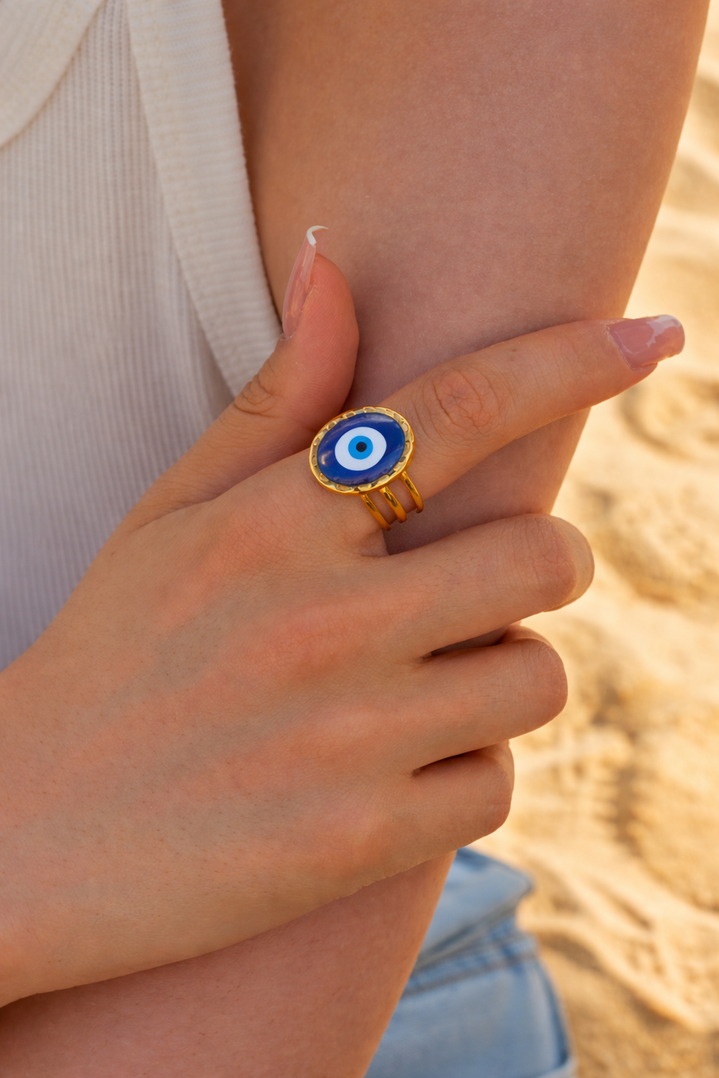 18K Gold Plated Evil Eye Adjustable Ring