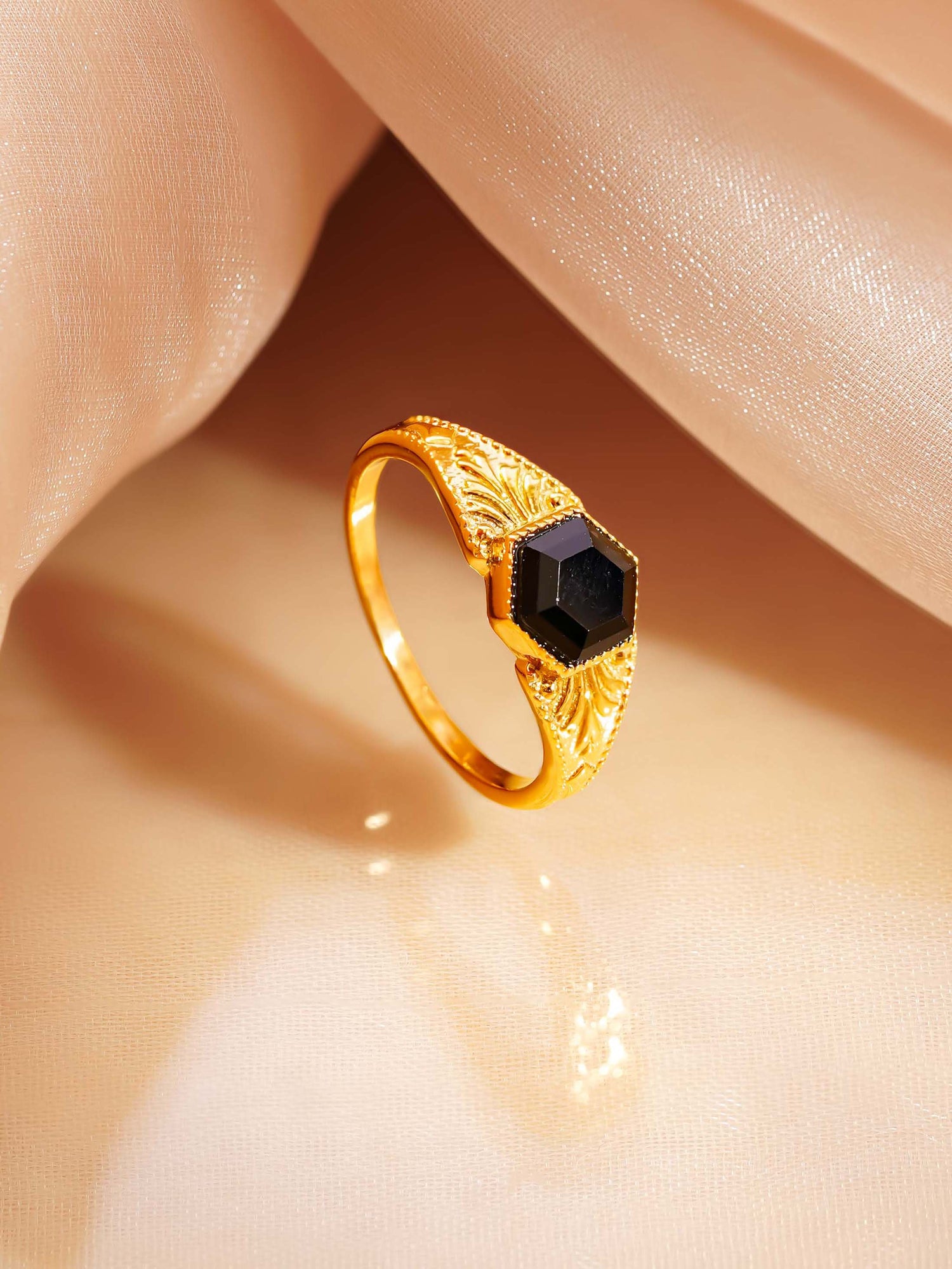 18K Gold Plated Black Stone Statement Ring
