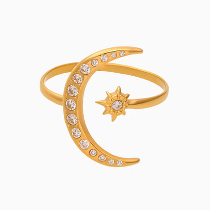 18K Gold Plated Crescent Moon &amp; Star Open Ring