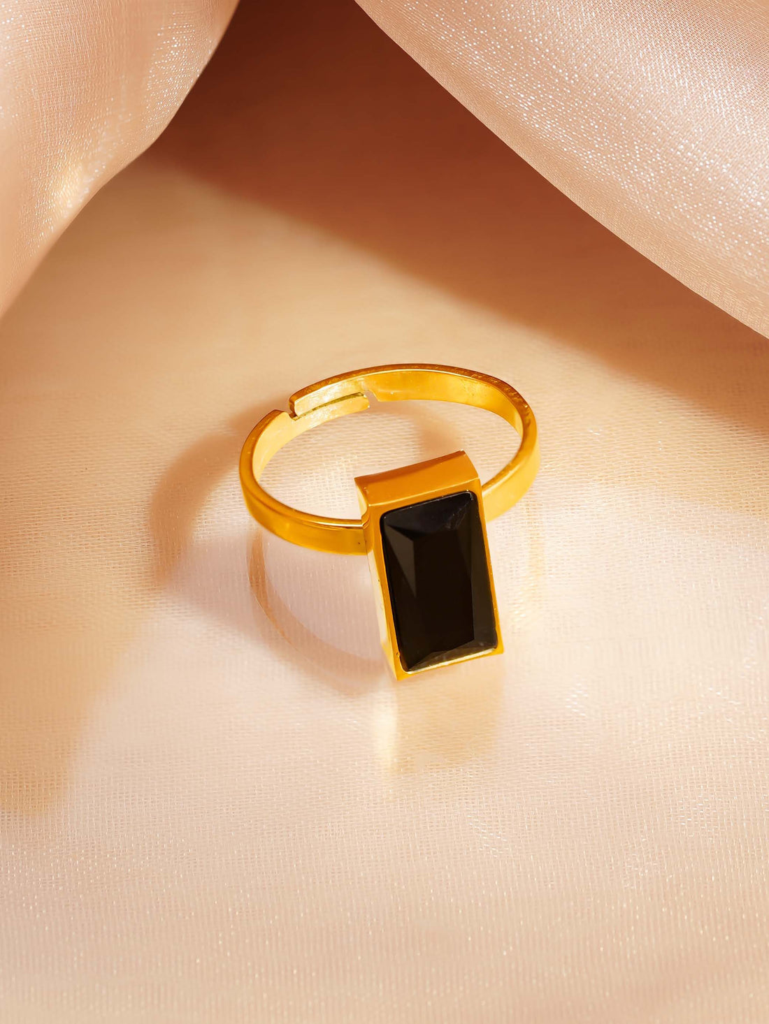 18K Gold Plated Black Stone Adjustable Ring
