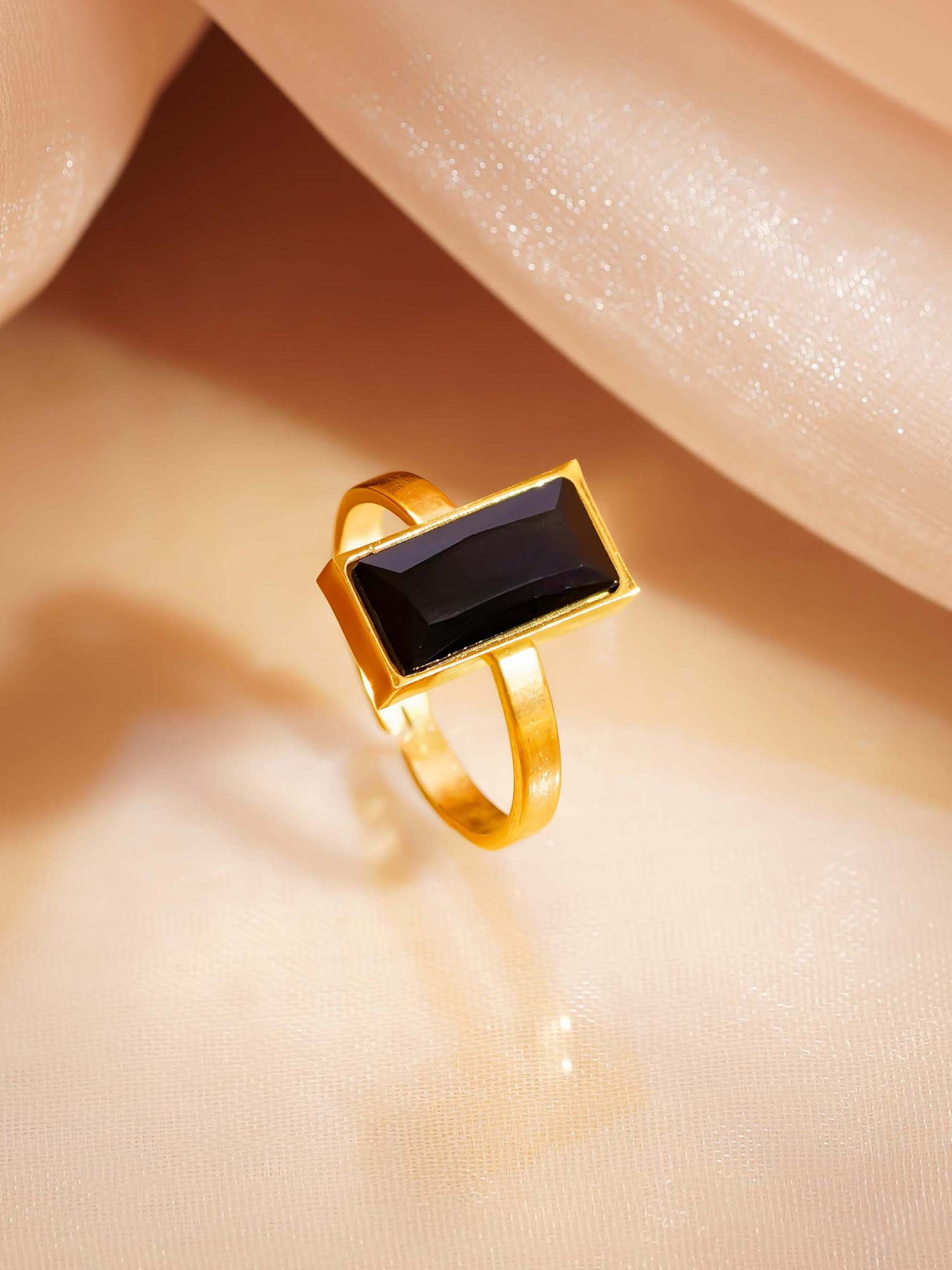 18K Gold Plated Black Stone Adjustable Ring