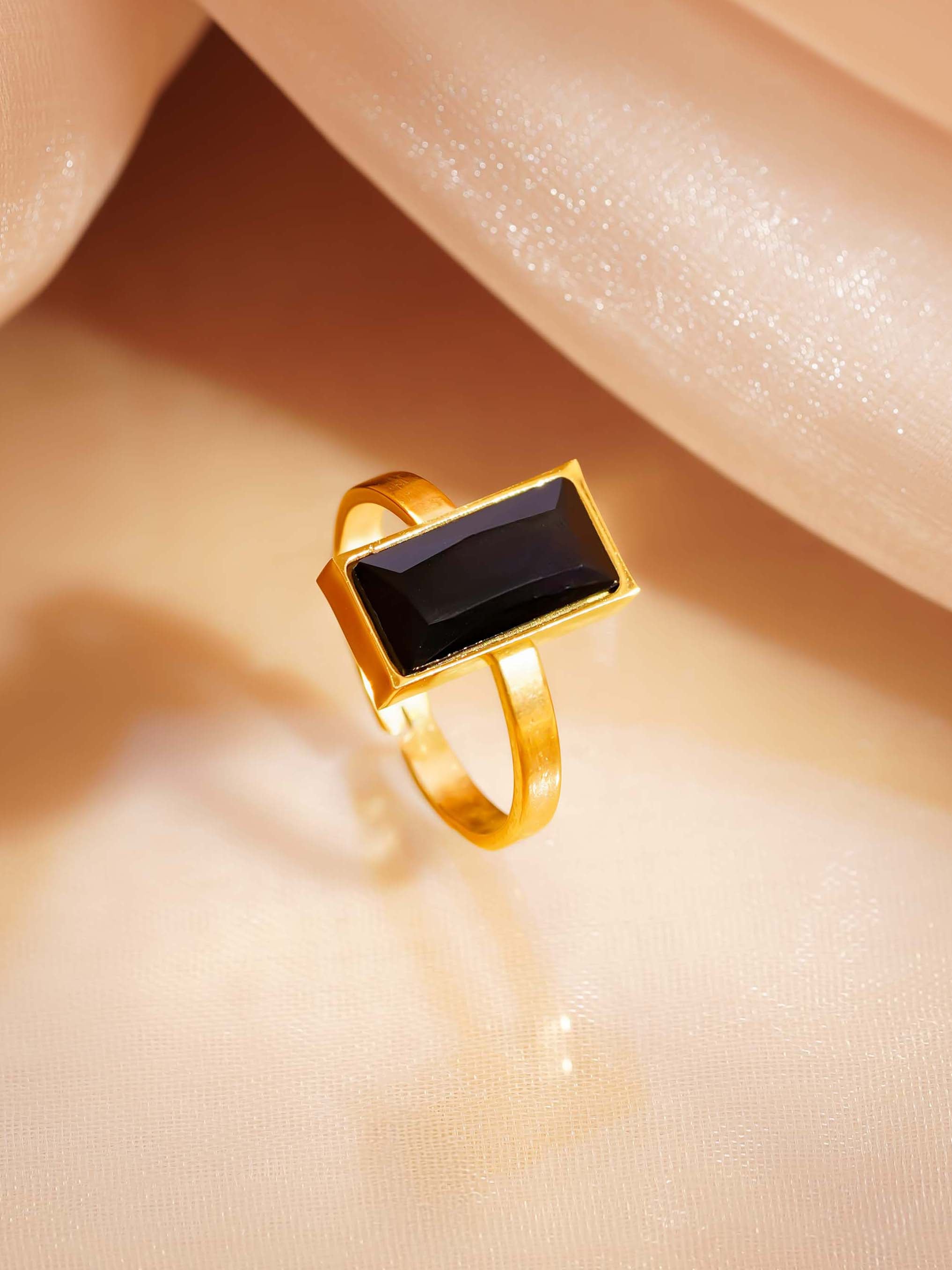 18K Gold Plated Black Stone Adjustable Ring
