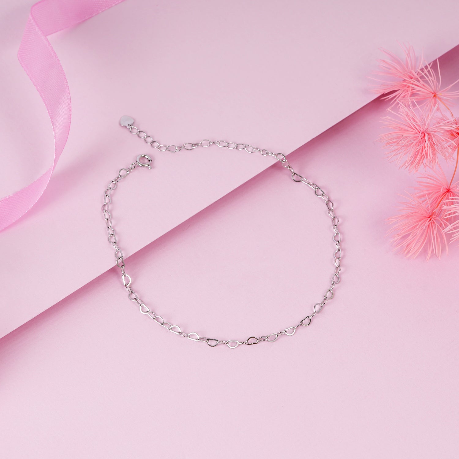 925 Sterling Silver Heart Link Chain Anklet